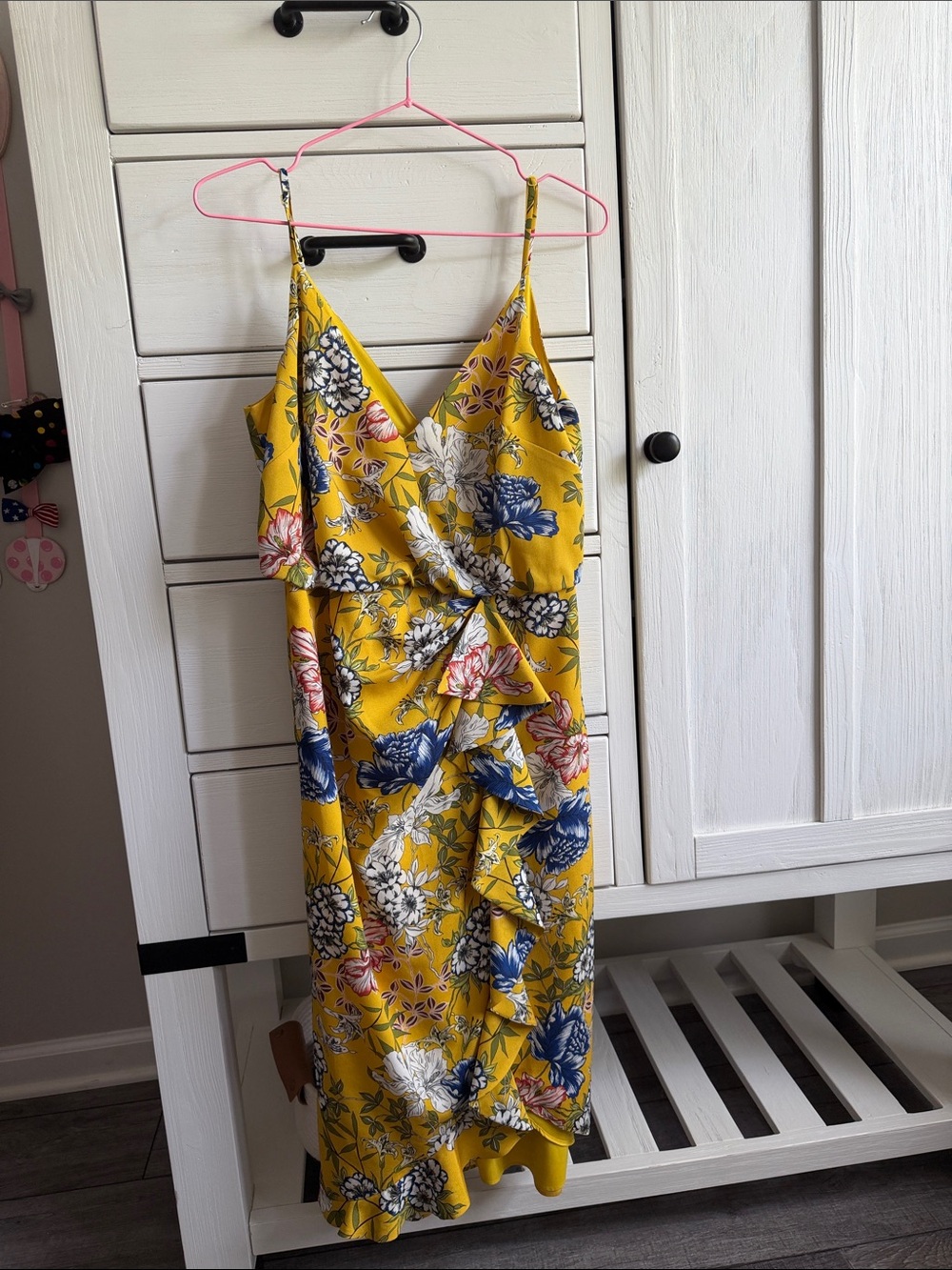 Sunny Yellow Floral Ruffle Midi Dress with V-Neck